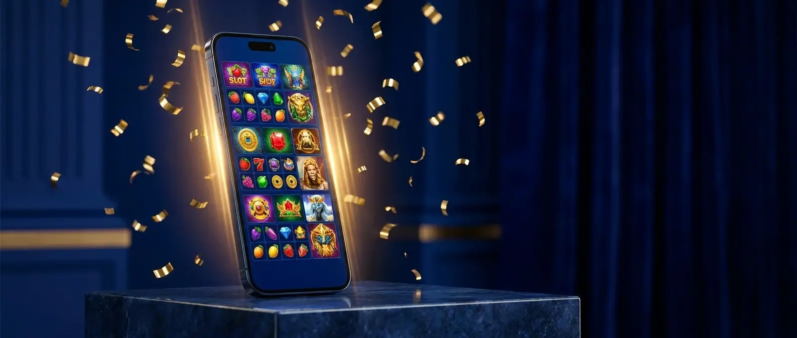 Smartphone mit geöffneter Slot-Lobby auf blauem Podium