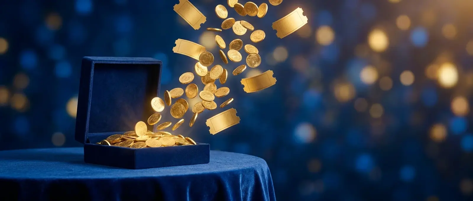 Geschenkbox mit goldenen Münzen und Freispiel-Tickets
