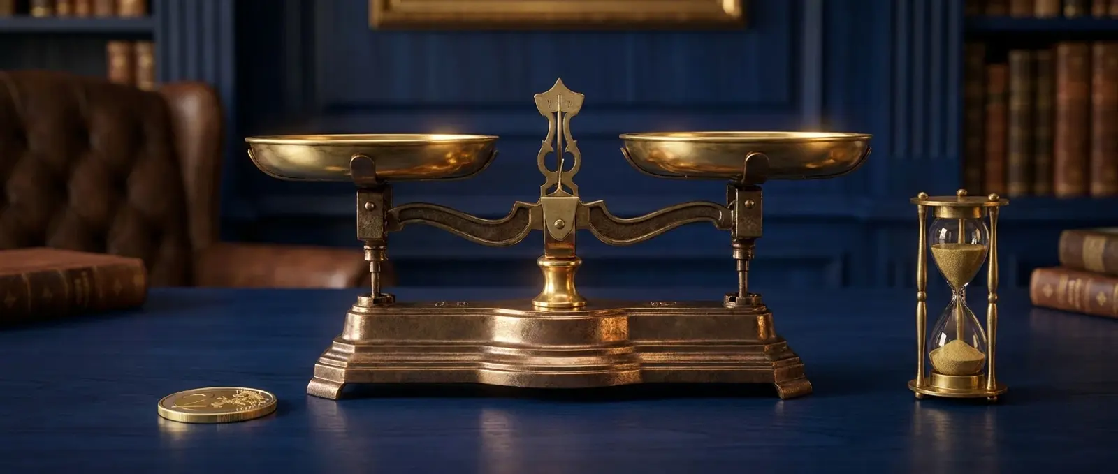 Goldene Waage mit Euro-Münze und Sanduhr auf blauem Tisch