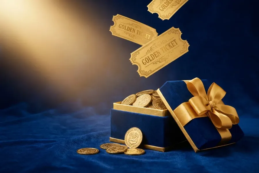 Geschenkbox mit goldener Schleife, Münzen und Freispiel-Tickets