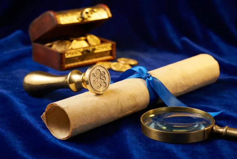Goldenes Siegel auf einem offiziellen Dokument mit blauem Band