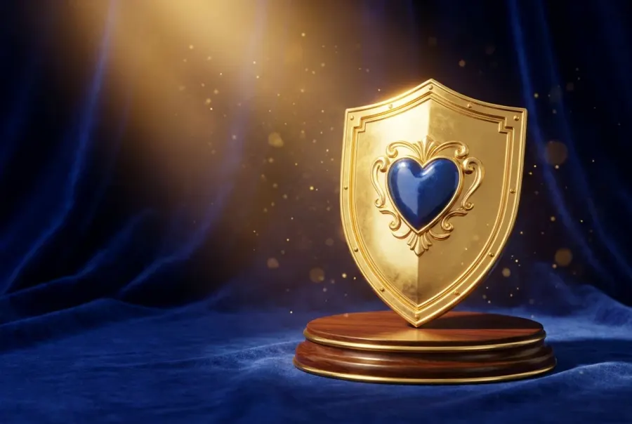 Goldener Schild mit blauem Herz auf einem Podium